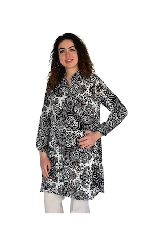 Kadın Uzun Pano Baskılı Desen Viscon Bluz Bgl-st04295 Siyah