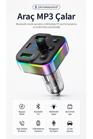 Bluetooth Araç Kiti Fm Transmitter Usb Type-c Pd Rgb Led Işıklı Flash Bellek Mp3 Çakmaklık Girişli