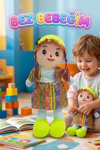 Yöresel Oyun Arkadaşım Büyük 45cm Yöresel Elbiseli Ve Şapkalı El Yapımı Oyuncak Bez Bebek Yeşil