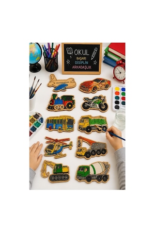 Ahşap Boyama Otobüs 24 Adet 10x15cm Araba Boyama Figürü Etkinlik Çoçuk Gelişim Motor Beceri Kreş Anasınıfı