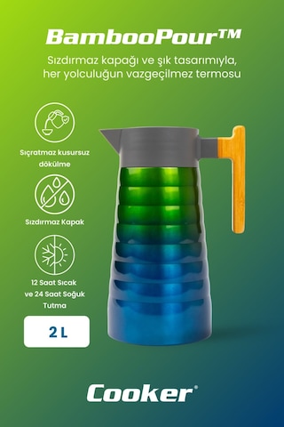Cooker Bamboopour 2 Litre Paslanmaz Çelik Bambu Saplı Termos Ckr2097 Yeşil