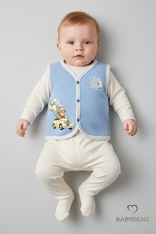 Babyden's Erkek Bebek Yelek Pamuklu Çıtçıtlı Elmas Jakarlı Ayıcık Baskılı Yenidoğan Bebek Yeleği Mevsimlik Mavi