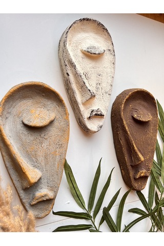 Özel Tasarım El Yapımı Heykel Soyut Yarım Yüz Maske 3'lü Set, Duvar Dekor, Modern Ev Ve Ofis Dekoru