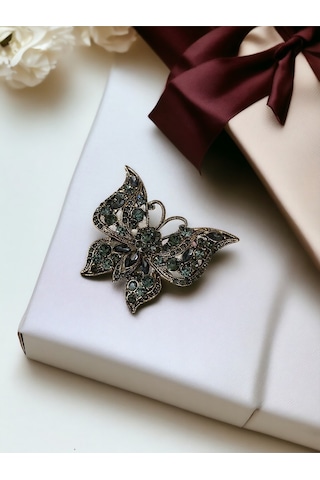 Black Diamond Swarovski Taşlı Kelebek Broş Gri