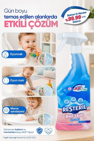 Resteril Bebek Yüzey Temizleyici Durulanmayan Çok Amaçlı Dezenfektan Sprey Mama Sandalyesi Oyun Matı Oyuncak Hijyen Spreyi Baby Kids 750 ML