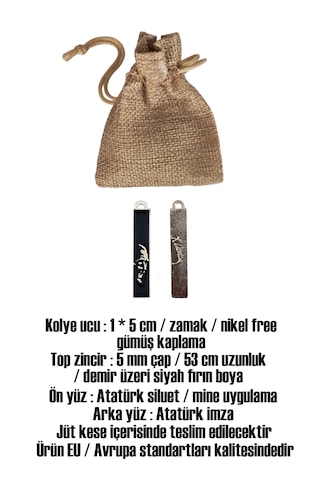 Atatürk Silüetli Siyah Mineli Dikdörtgen Kolye Atatürk İmza - Unisex Özel Tasarım Kolye 01 - Siyah