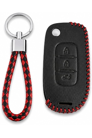 Autohan Keys Renault Megane 4, Clio 5, Captur İçin, Deri Anahtar Kılıfı, 3 Butonlu, Siyah-kırmızı Örgülü, Anahtarlık Dahil