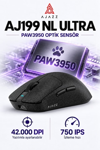 Ajazz Aj199 Nl Ultra Paw3950 8000 Hz Kablosuz Oyuncu Mouse Siyah