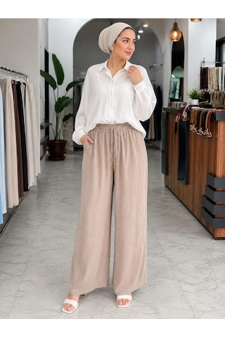 Esra Butik78 Kadın Müslin Kumaş Bol Paça Pantolon Beli Lastikli Cepli Yazlık Rahat Günlük Pantolon 36-44 Beden Kahverengi