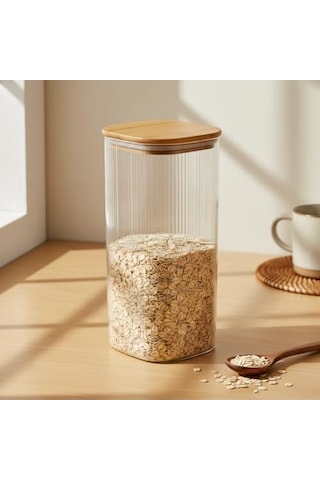 10x25 Cm Bambu Kapaklı Kare Cam Saklama Kavanozu - Vakumlu Dev Boy Şeffaf Erzak Kabı Spagetti Makarna Bakliyat Kutusu Ve Kiler Düzenleyici Organizatör 7009