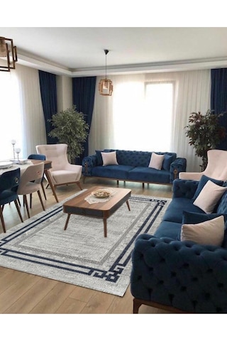4216 Krem - Gri - Mavi Akrilik Dokuma Halı Yumuşak Salon Oturma Odası Halısı