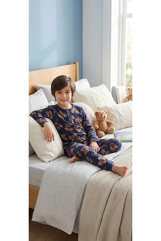 Biçomi Hassas Ciltlere Özel Nefes Alan Pamuk Penye Ayıcık Baskılı Çocuk Pijama Takımı 6-14 Yaş Lacivert