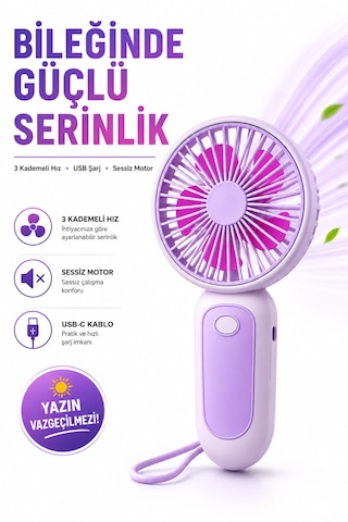 Bilek Askılı Şarjlı Taşınabilir El Fanı Mini Vantilatör Mor