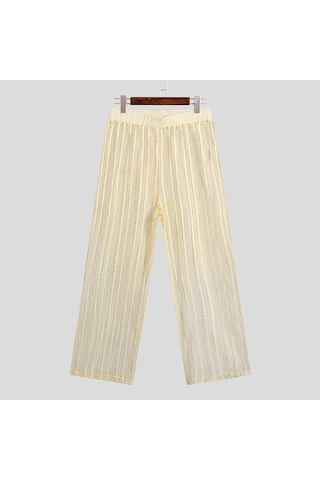 Incerun Artı Boyutu Erkek File Maxi Pantolon See Through Yaz Örgü Tatil Rahat Gevşek Katı Uzun Pantolon Bej