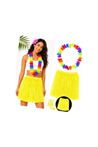 Neon Sarı Hawaii Etek 40 Cm Ve Rengarenk Hawaii Kolye Evimdeyokyok