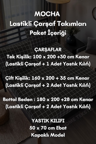Mocha Antrasit Ekose Desenli Pamuklu Kumaş Lastikli Çarşaf Takımı Antrasit