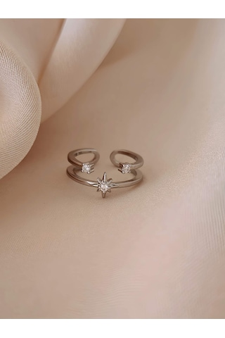 İki Sıralı Yıldız Zirkon Taşlı Ayarlanabilir Silver Gümüş Renkli Yüzük Silver