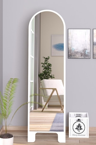Beyaz 120x43 Cm Ayaklı Tek Kubbeli Salon Antre Çocuk Odası Banyo Wc Yatak Odası Boy Aynası Beyaz