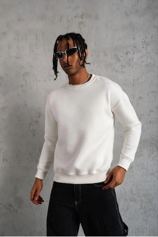 Mbb E-ticaret Erkek Düz Bisiklet Yaka 3 İplik Pamuklu Sweatshirt - Beyaz