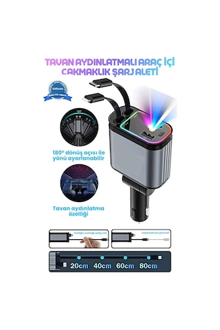 Led Işık Tavan Aydınlatmalı 66w 4'1 Çift Kablolu Hızlı Şarj 3.4a Araç İçi Çakmaklık Şarj Aleti Siyah