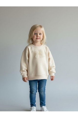 Zekids Kız Bebek Pamuklu Taşlı Fiyonk Detaylı Oversize Tasarım Sweatshirt-16558 Krem