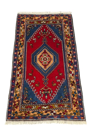 El Dokuma Sıfır Yahyalı Halısı 81x140 Kırmızı Mavi Kök Boya Yün Halı Kırmızı