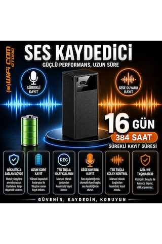 Sese Duyarlı Sensörlü Ses Kayıt Cihazı 16 Gün Şarj Süresi