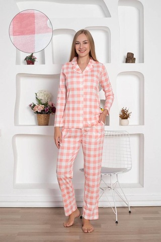 Alimer Kadın Ekose Desen Gömlek Yaka Önden Düğmeli %100 Pamuk Penye Mevsimlik Uzun Kol Cepli Pijama Takımı Pembe
