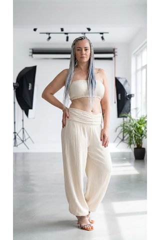 Byemelika %100 Pamuk, Bürümcük, Paça Lastik Detay Bohem Büstiyer & Pantolon Takım Bej