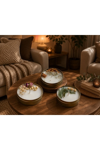 Niyet Temalı 3 Lü El Yapımı Aromatik Mum Seti Nazar, Bereket & Huzur Gold Teneke Hediyelik Mum 001 - Beyaz