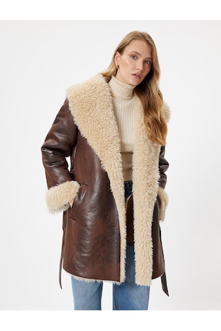 Koton Suni Deri Kaban Oversize Yakası Suni Kürklü Kemerli Cepli Kahverengi 5wak00119ew Kahve Kahverengi