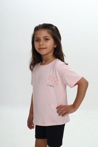Toontoy Kids Toontoy Kız Çocuk Göğsü Çok Kalp Baskılı Tişört Pudra