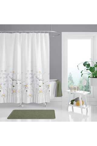 Papatya Desenli Banyo Perdesi, Çift Kanat 120x200 CM Duş Perdesi Beyaz