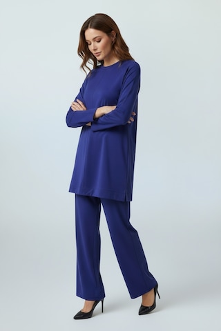 Kadın Tunik Önü Dikişli Altı Bantlı Pantolonun Beli Lastikli Önü Dikişli İkili Takım Mavi