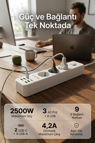 Akım Korumalı Priz 3'lü 4x Usb-a + 2x Usb-c 2 Metre Kablo 0 - 2 M