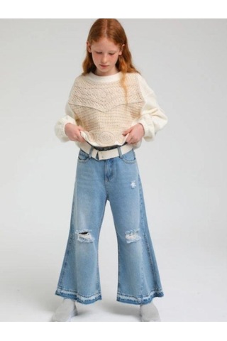 Kız Çocuk Motif İşleme Detaylı Kısa Bluz-13626-ekru Ekru