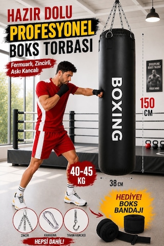 Boxing 150 Cm Salonlara Özel Hazır Dolu Boks Torbası Ve Zinciri - Hediye Boks Bandajı Siyah