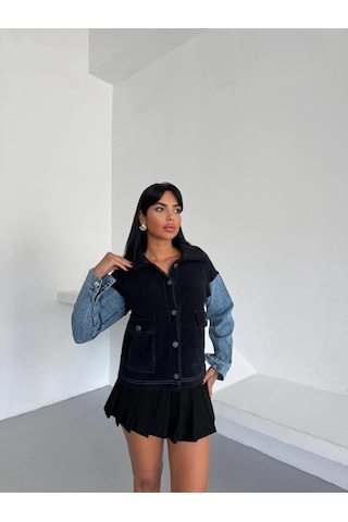 Konus Femme Denim Kol Detaylı Kontrast Ceket Güçlü Stil, Net Duruş - Siyah