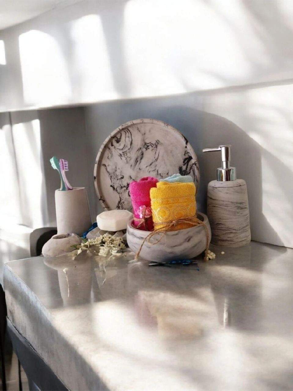 Mermer Desen Antrasit Serisi Beton Banyo Seti,tepsi,sıvı,katı Sabunluk,havluluk,mumluk Antrasit