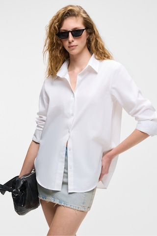 DELFINO Kadın Oversize %100 Organik Pamuk Uzun Kollu İnce Uzun Beyaz Gömlek