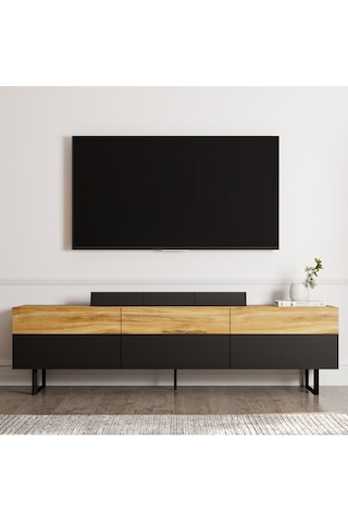 Sign Kapaklı Tv Ünitesi, Tv Sehpası - Metal Ayak - Gri/traverten - Siyah/kilim Siyah/kilim