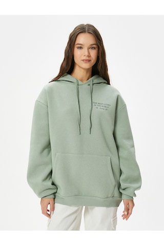 Koton Kapşonlu Sweatshirt Arkası Baskılı Rahat Kalıp Uzun Kollu Haki 4sal10460ık Haki