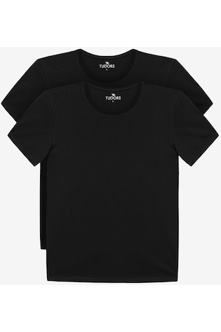 Tudors Unisex 2'li Paket Siyah Slim Fit Dar Kesim %100 Pamuk Bisiklet Yaka Tişört-31312-siyah Siyah