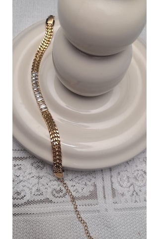 Uzel Çelik Gold Altın Renk Çok Taşlı Kalın Zincir Detaylı Çelik Bileklik Gold