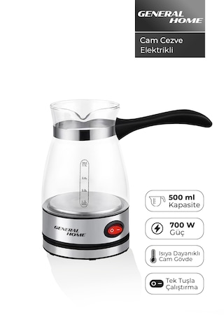 General Home Cz-47 Elektrikli Cam Cezve Siyah 0.5 L Türk Kahvesi, 700w, Gösterge Işıklı