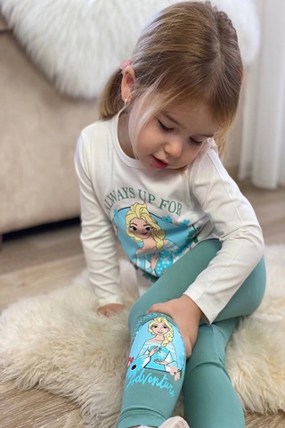 Elsa Desenli Yeşil Renk Kız Çocuk Taytlı Takım Yeşil