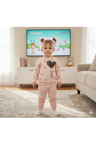 Kız Çocuk Leopar Desenli Kalp Baskılı Alt Üst İkili Gündelik Takım 1-4 Yaş SOMON