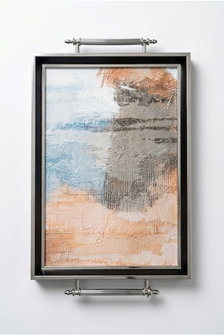 Kulplu Lüks Cam Sunum Tepsisi Siyah Gümüş Tepsi 50x31x4 Cm Çok Renkli
