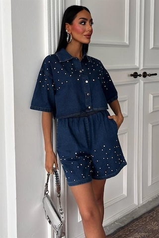 Taş Detaylı Gömlek Şort Denim Takım 10175 Deni M