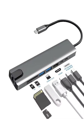 8in1 Aluminium Pd100w Hızlı Şarj 4k 1xethernet 1xhdm 2xusb 2xtype-c Tf/sd Usb Çoklayıcı Çevirici